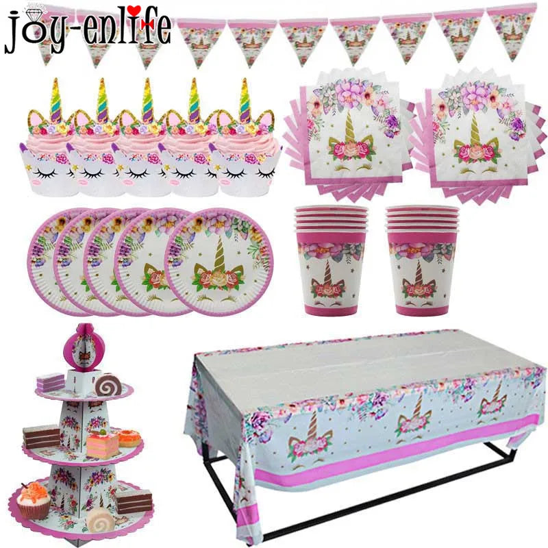 Girl Birthday Party Pink Unicorn Paper Plate Cup Napkin Disposable Tableware Sets Baby Shower 1st First Birthday Party Supplies