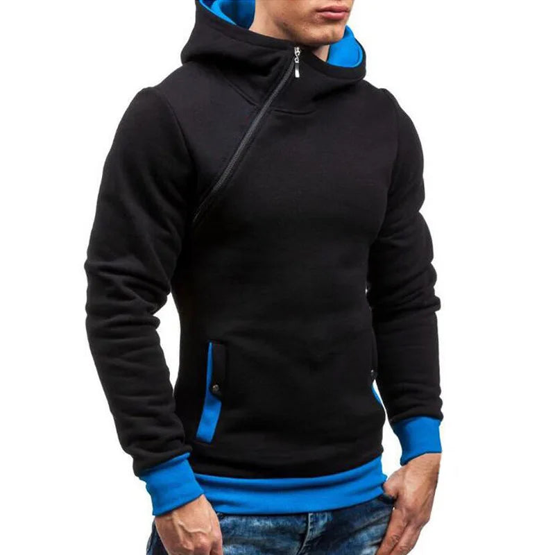 New Casual Solid Mens Hoodies Diagonal Zipper Long Sleeve Hoodie Sweatshirts Men Hoody Pullover Sweatshirt Hooded Sweat Homme