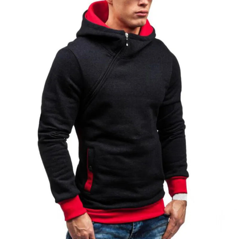 New Casual Solid Mens Hoodies Diagonal Zipper Long Sleeve Hoodie Sweatshirts Men Hoody Pullover Sweatshirt Hooded Sweat Homme