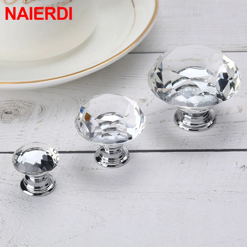 NAIERDI 20mm 30mm Diamond Crystal Glass Knobs Cupboard Pulls Drawer Knobs Kitchen Cabinet Handles Modern Style Furniture Pulls
