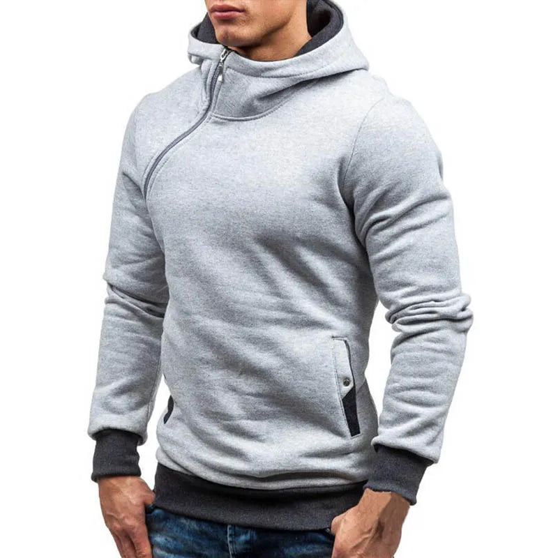 New Casual Solid Mens Hoodies Diagonal Zipper Long Sleeve Hoodie Sweatshirts Men Hoody Pullover Sweatshirt Hooded Sweat Homme