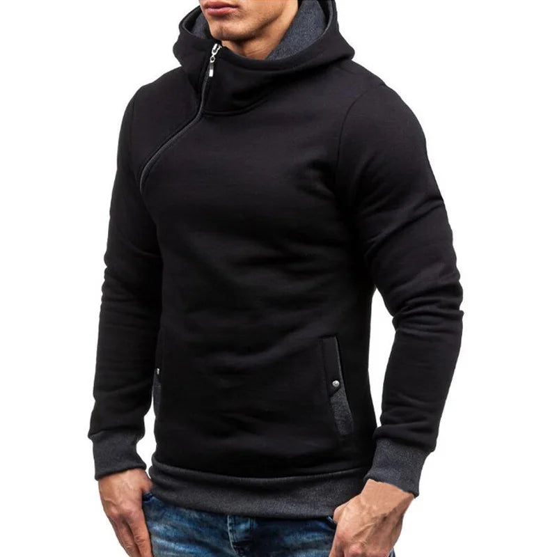 New Casual Solid Mens Hoodies Diagonal Zipper Long Sleeve Hoodie Sweatshirts Men Hoody Pullover Sweatshirt Hooded Sweat Homme