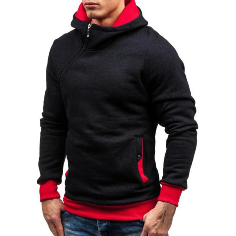 New Casual Solid Mens Hoodies Diagonal Zipper Long Sleeve Hoodie Sweatshirts Men Hoody Pullover Sweatshirt Hooded Sweat Homme