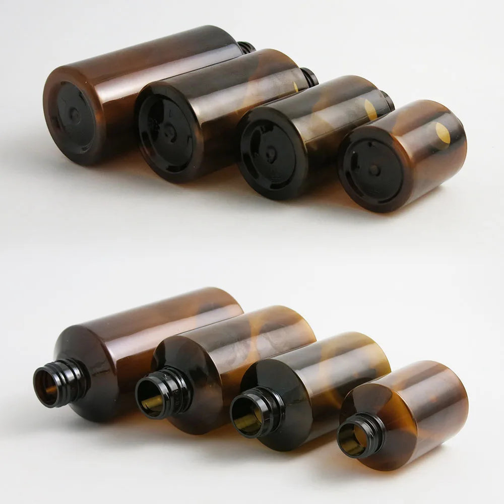50ml 100ml 150ml 200ml Shoulder slope Amber PET Plastic Cream Skin Care Bottles For Shampoo Disk Cap 5OZ Brown Contaienrs 30pcs