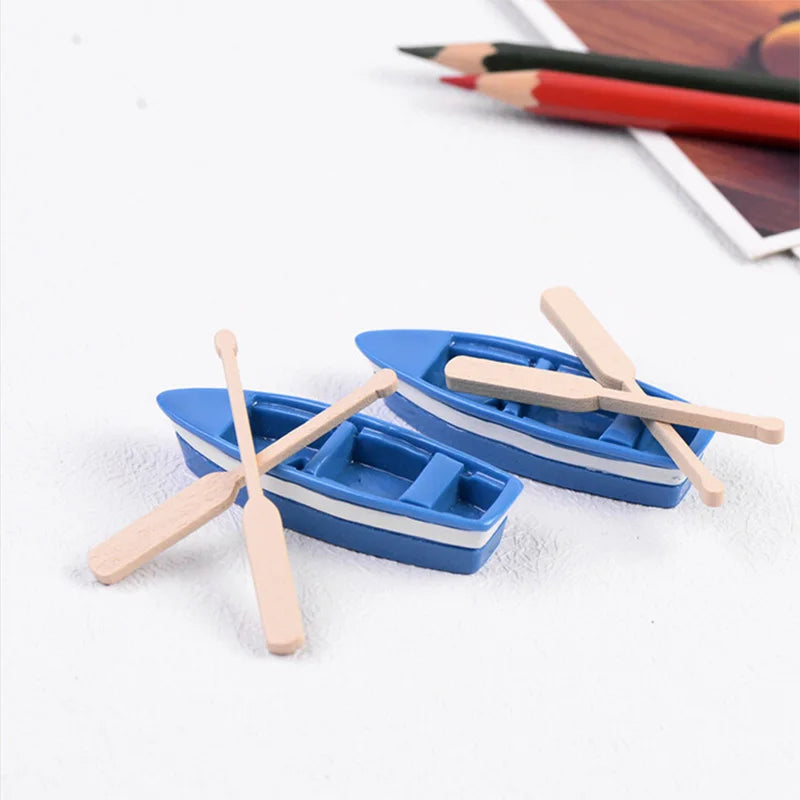 Blue Resin Boat Wood Paddles Oars Figures Decorative Figurine Diy Home Decor Mini Fairy Garden Aquarium Fish Tank Statue Craft