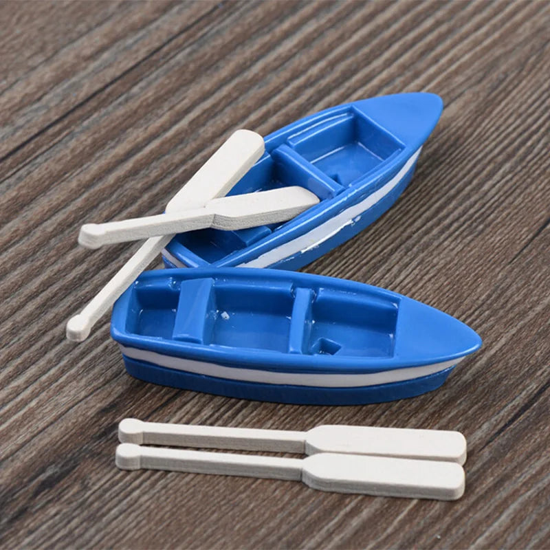 Blue Resin Boat Wood Paddles Oars Figures Decorative Figurine Diy Home Decor Mini Fairy Garden Aquarium Fish Tank Statue Craft