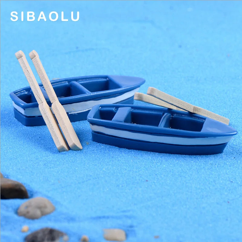 Blue Resin Boat Wood Paddles Oars Figures Decorative Figurine Diy Home Decor Mini Fairy Garden Aquarium Fish Tank Statue Craft