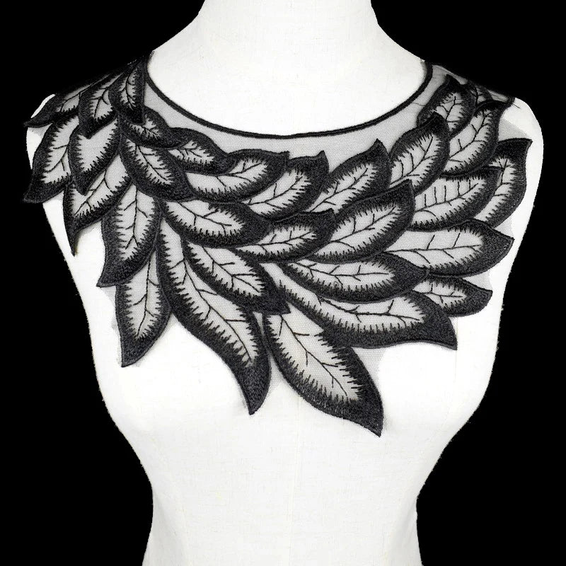 Black Feather Embroidery Patch Fabric Applique Neckline Collar Venice For Evening Dress Home Accessories DIY Sewing Repair