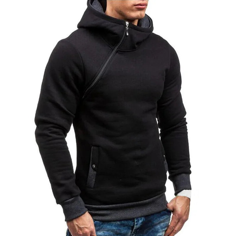 New Casual Solid Mens Hoodies Diagonal Zipper Long Sleeve Hoodie Sweatshirts Men Hoody Pullover Sweatshirt Hooded Sweat Homme