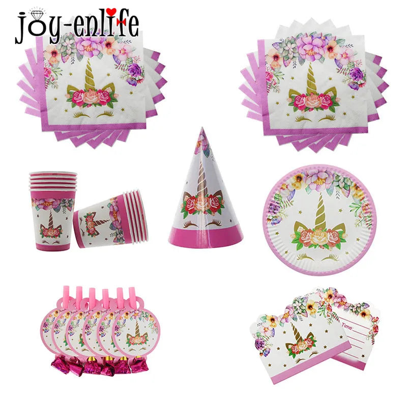 Girl Birthday Party Pink Unicorn Paper Plate Cup Napkin Disposable Tableware Sets Baby Shower 1st First Birthday Party Supplies