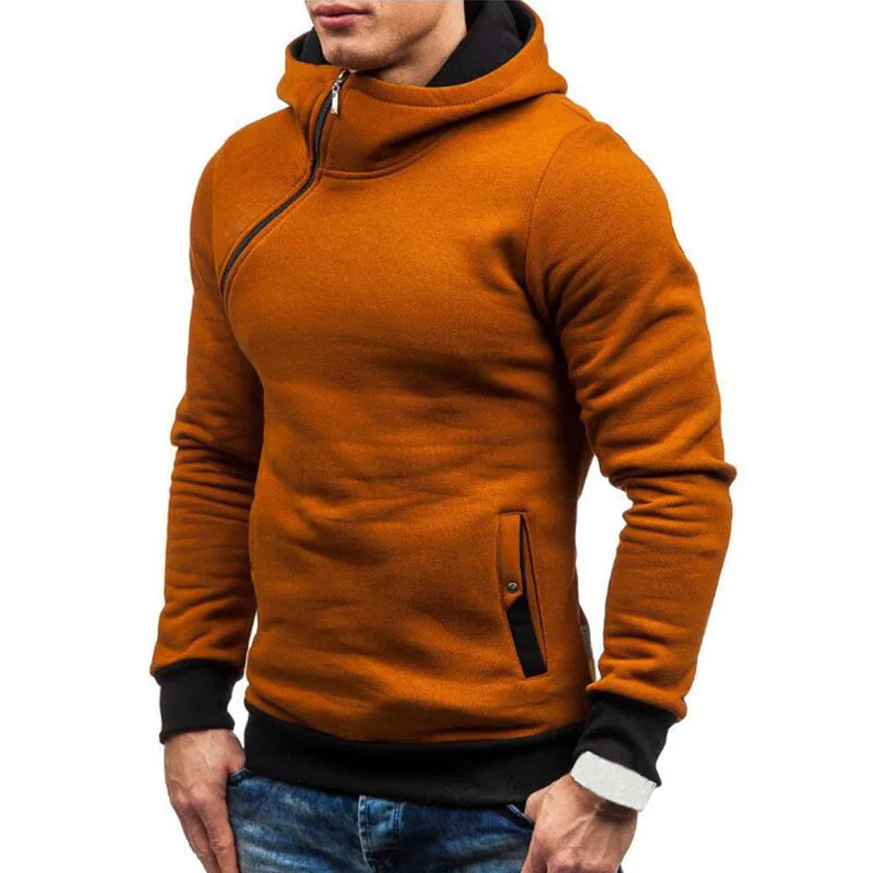 New Casual Solid Mens Hoodies Diagonal Zipper Long Sleeve Hoodie Sweatshirts Men Hoody Pullover Sweatshirt Hooded Sweat Homme
