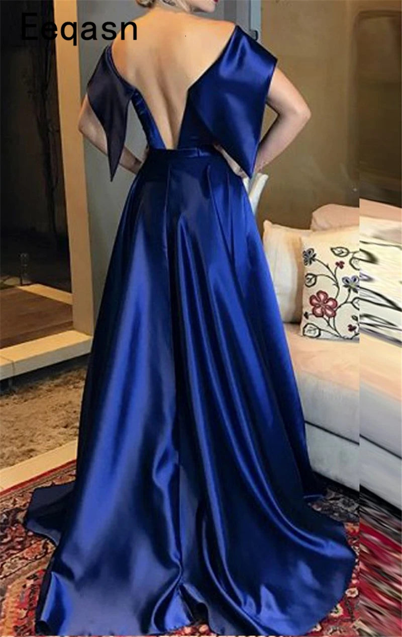 Elegant Royal Blue Evening Dresses Long Satin Off Shoulder Simple Formal Evening Gown Prom Dress abendkleider Customized