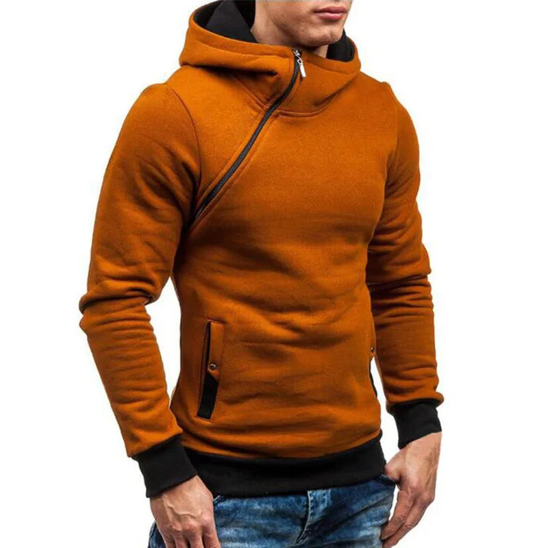 New Casual Solid Mens Hoodies Diagonal Zipper Long Sleeve Hoodie Sweatshirts Men Hoody Pullover Sweatshirt Hooded Sweat Homme