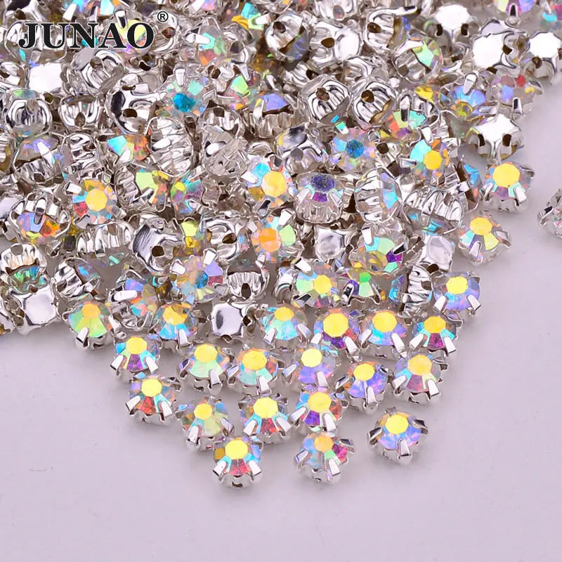 JUNAO SS12 3mm Sewn Sliver Clear Claw Rhinestones Glass Strass Round Shapes Crystal Stones  For Needlework Crafts