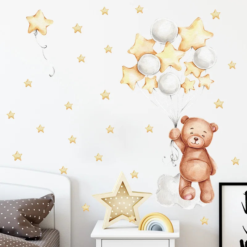 Cute Bear Moon Star Wall Stickers for Kids Rooms Girls Boys Baby Room Decoration Kawaii Cartoon Animal Nursery Wallpaper Vinyl
