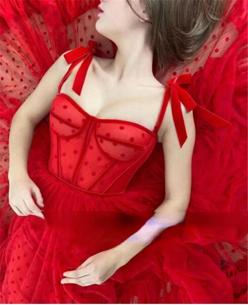 Red Polka Dots Tulle A Line Evening Dress Spaghetti Straps Tied Bow Shoulder Tea Length Party Graduation Prom Dress