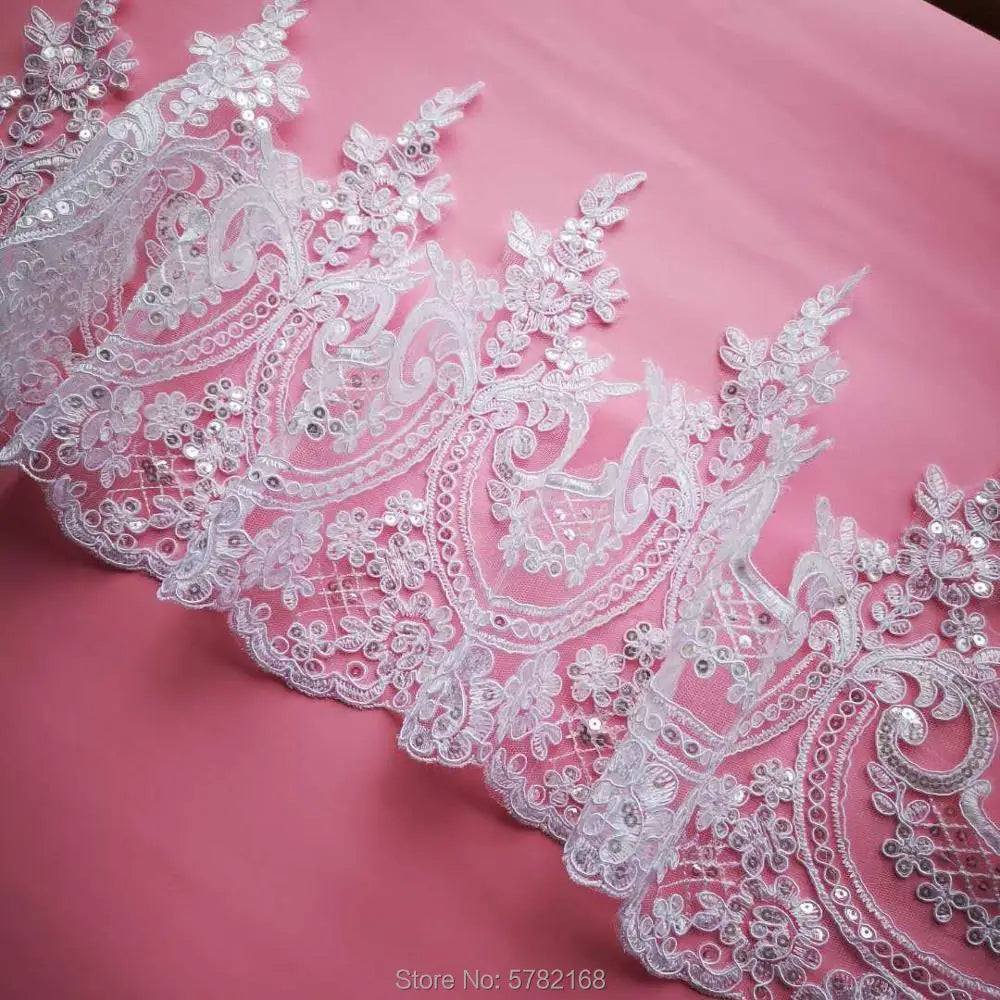 1Yard/23cm White Ivory Sequin Cording Fabric Flower Venise Venice Mesh Lace Trim Applique Sewing Craft for Wedding Dec.