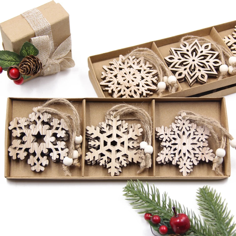 /Box Wooden Hollow Snowflake Christmas Vintage Pendants Xmas Hanging