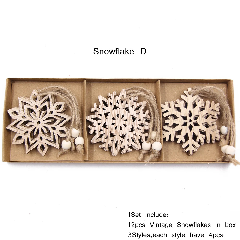 12PCS/Box Wooden Hollow Snowflake Christmas Vintage Pendants Xmas Hanging Ornaments for Noel Tree Decorations DIY Painting Gifts