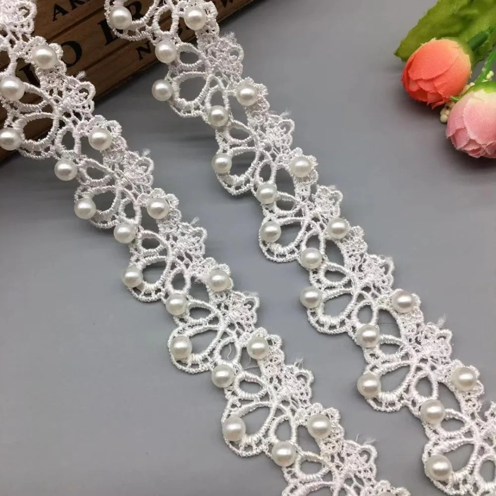 1 Yards White Pink and Grey Pearl Beaded Lace Trim Tape Lace Ribbon African Lace Fabric Collar Dress Sewing Garment Headdress Ma