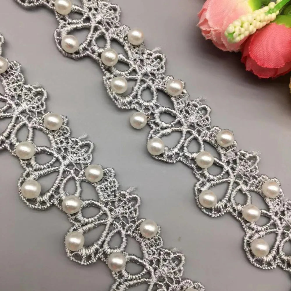 1 Yards White Pink and Grey Pearl Beaded Lace Trim Tape Lace Ribbon African Lace Fabric Collar Dress Sewing Garment Headdress Ma