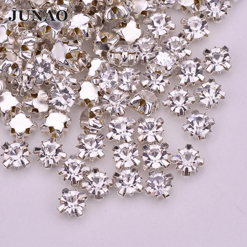 JUNAO SS12 3mm Sewn Sliver Clear Claw Rhinestones Glass Strass Round Shapes Crystal Stones  For Needlework Crafts