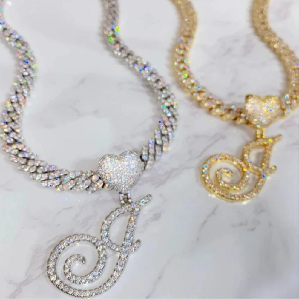 A-Z Cursive Letter Heart Pendant Iced Out Cuban Necklace for Women