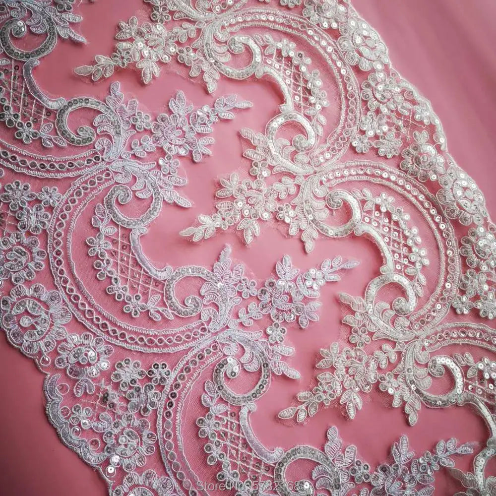 1Yard/23cm White Ivory Sequin Cording Fabric Flower Venise Venice Mesh Lace Trim Applique Sewing Craft for Wedding Dec.