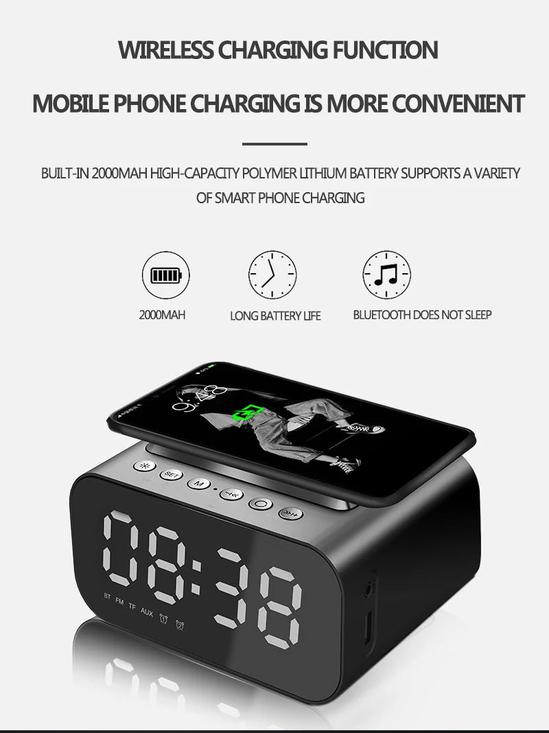 Digital Alarm Clock Bluetooth Speaker FM Radio Wireless Charger Phone Charging Pad  USB Fast Charger Table Clock