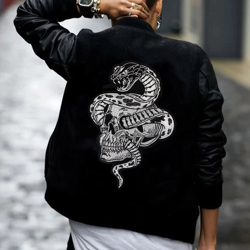 Large Skull Snake flower Biker Patches Iron on Embroidery Back Applique Jackets DIY Motorcycle Patch for Clothing Punk  Badge