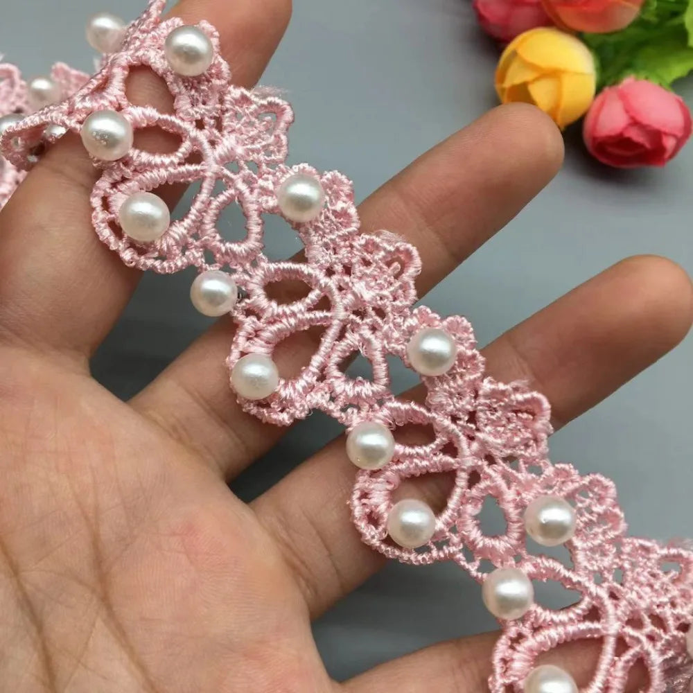 1 Yards White Pink and Grey Pearl Beaded Lace Trim Tape Lace Ribbon African Lace Fabric Collar Dress Sewing Garment Headdress Ma