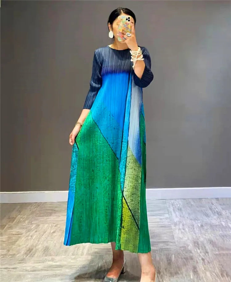 Miyake Pleats New High Fashion French Vintage Women Green Causal Long Dress Original Designer Clothing In Stock