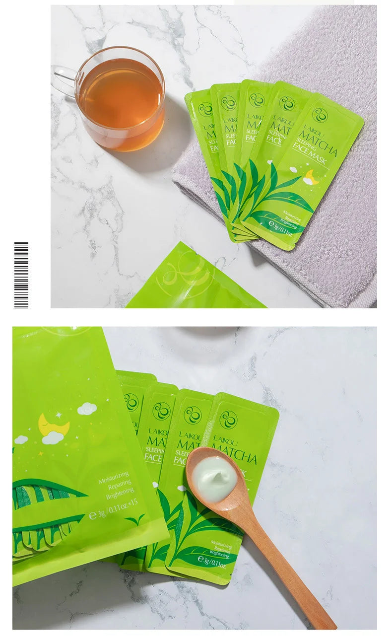 7Pcs LAIKOU Matcha Face Mask Moisturizing Green Tea Skin Sleeping Facial Mask Beauty Nourishing Oil Control Skin Care