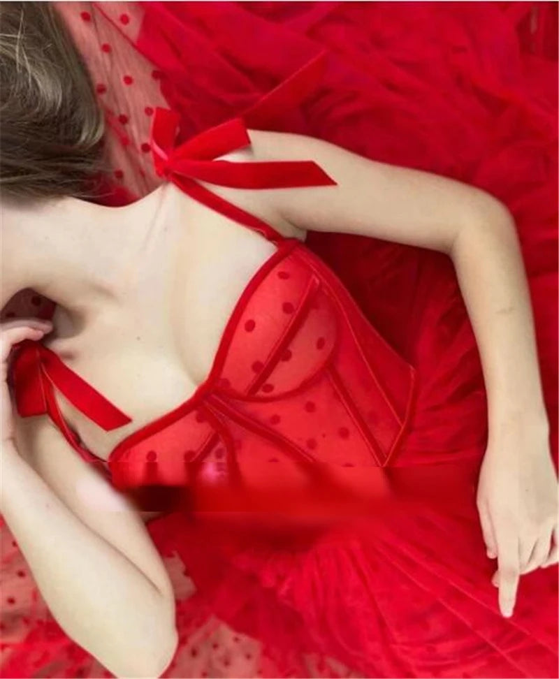Red Polka Dots Tulle A Line Evening Dress Spaghetti Straps Tied Bow Shoulder Tea Length Party Graduation Prom Dress