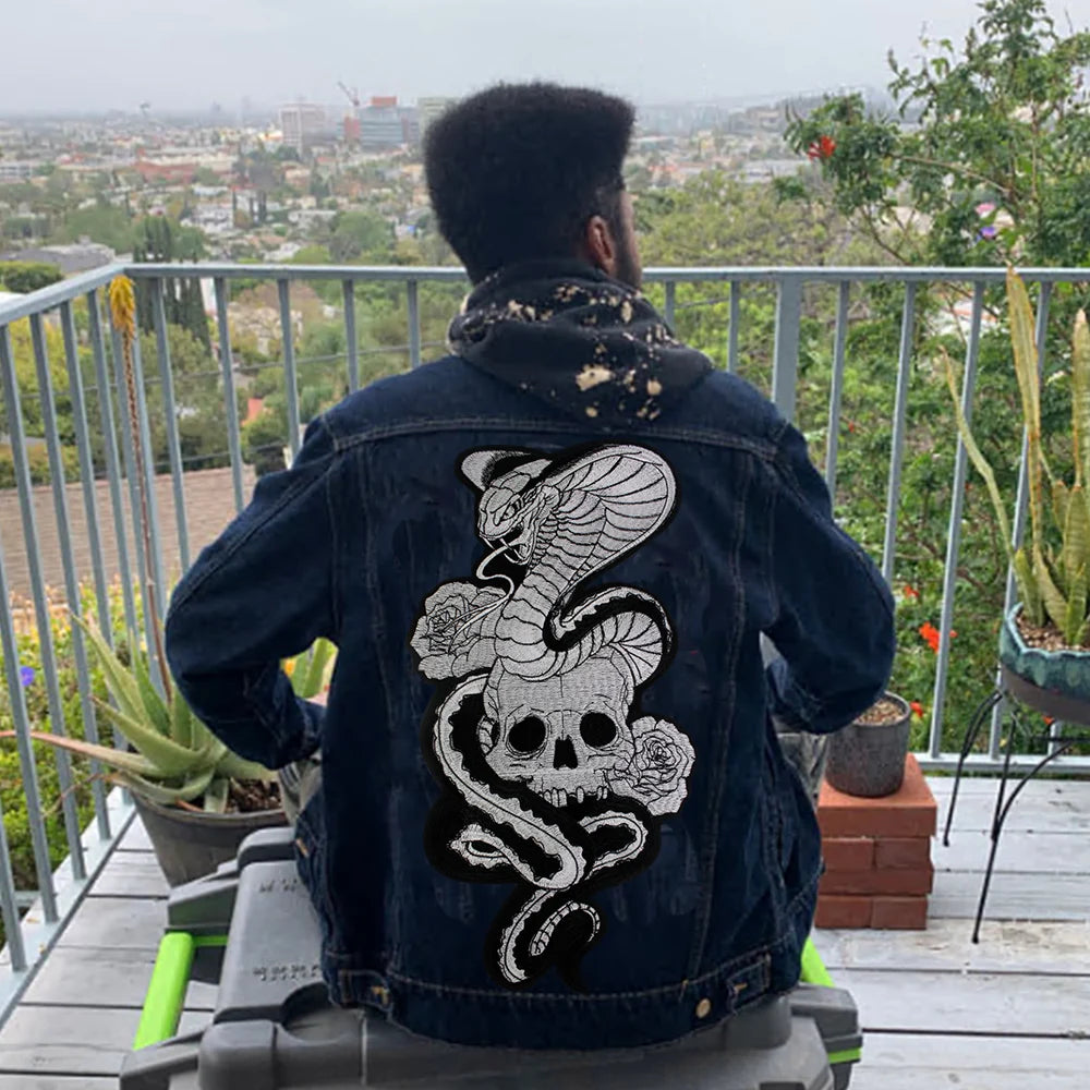 Large Skull Snake flower Biker Patches Iron on Embroidery Back Applique Jackets DIY Motorcycle Patch for Clothing Punk  Badge