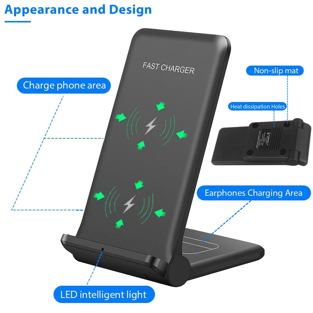 Foldable Wireless Charger 25W 2 in 1 Fast Charging Stand Pad For iPhone 15 14 13 12 11 8 XR X 8 Airpods Pro Samsung S23 S22 S21
