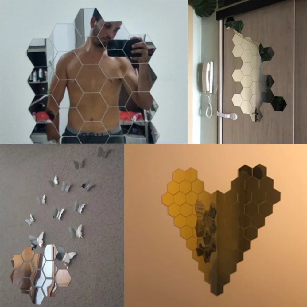 6/12pcs 3D Mirror Wall Sticker Hexagon Decal Home Decor DIY Self-adhesive Mirror Decor Stickers Art Wall Decoration 126mm Large