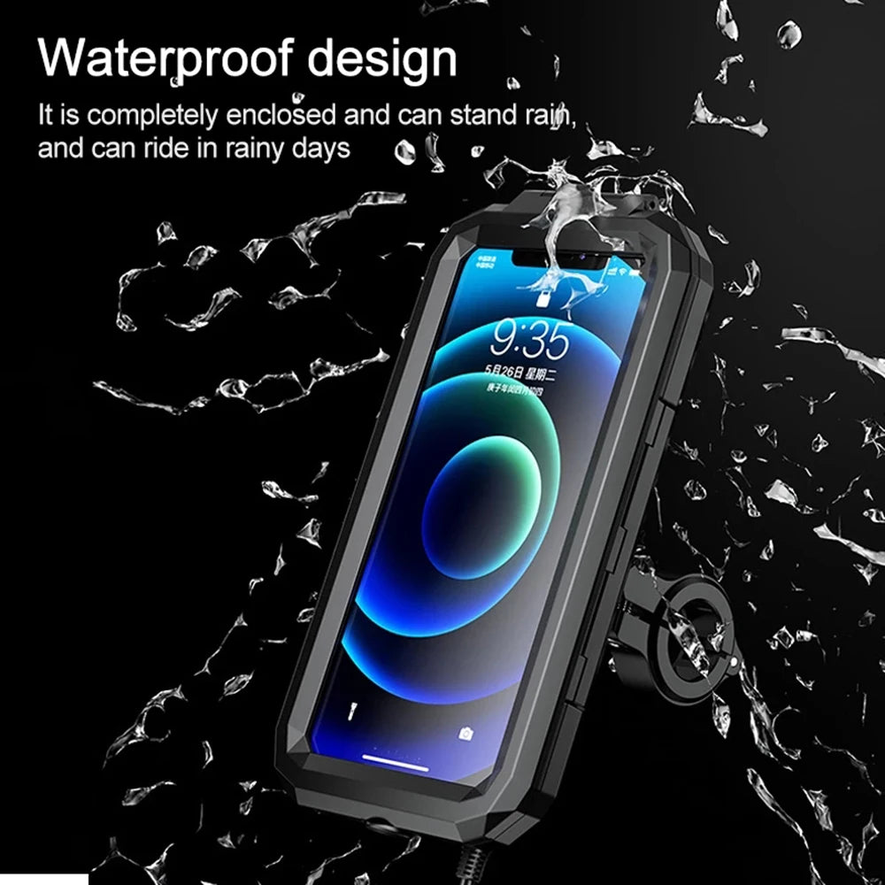 2022 Waterproof Case 12V Motorcycle Phone Holder Wireless Charger 15W Qi/ Type C PD USB Fast Charge Mount Box Double Socket Arms