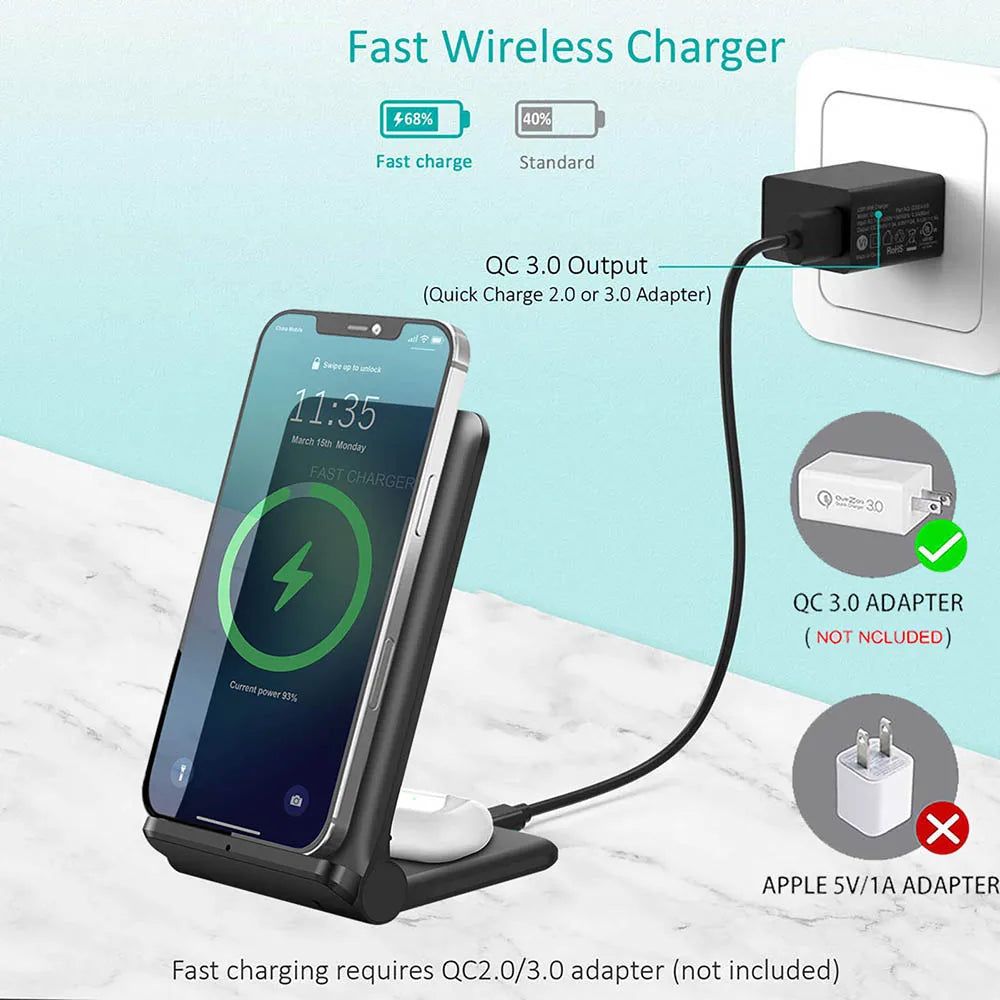 Foldable Wireless Charger 25W 2 in 1 Fast Charging Stand Pad For iPhone 15 14 13 12 11 8 XR X 8 Airpods Pro Samsung S23 S22 S21