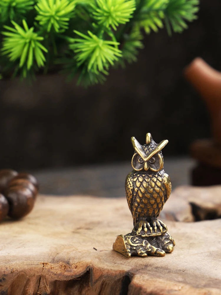 Antique Solid Brass Standing Owl Miniature Figurines Retro Copper Animal Tea Pet Desktop Ornament Decor Crafts Keychain Pendants