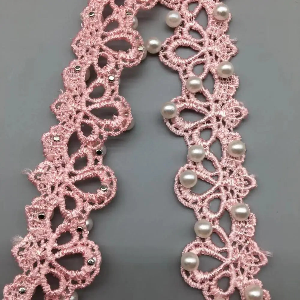 1 Yards White Pink and Grey Pearl Beaded Lace Trim Tape Lace Ribbon African Lace Fabric Collar Dress Sewing Garment Headdress Ma