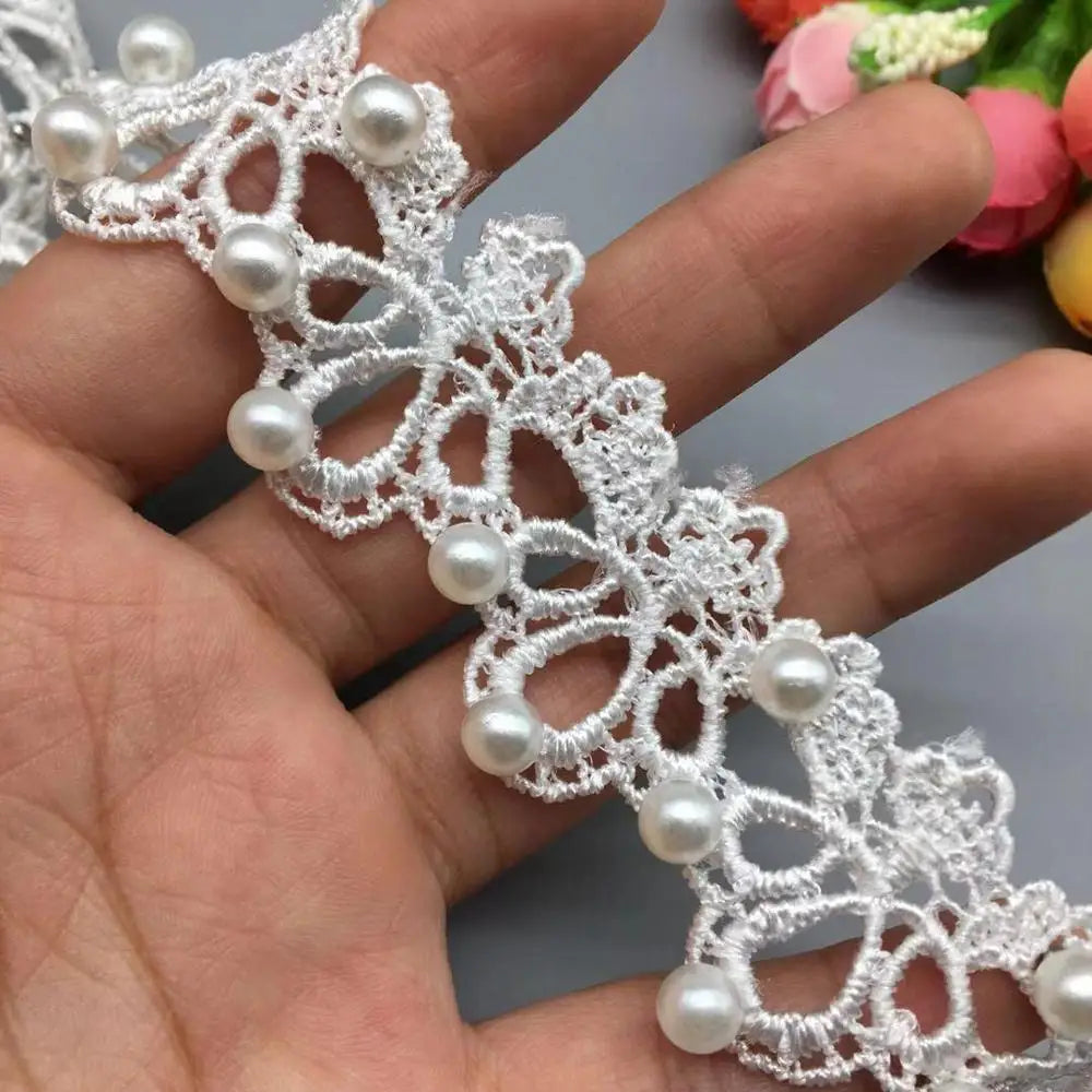 1 Yards White Pink and Grey Pearl Beaded Lace Trim Tape Lace Ribbon African Lace Fabric Collar Dress Sewing Garment Headdress Ma