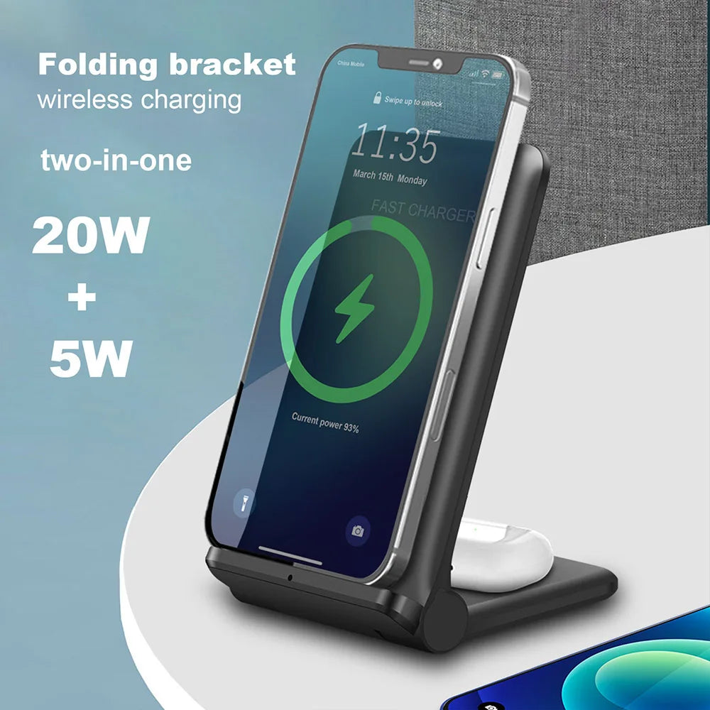 Foldable Wireless Charger 25W 2 in 1 Fast Charging Stand Pad For iPhone 15 14 13 12 11 8 XR X 8 Airpods Pro Samsung S23 S22 S21