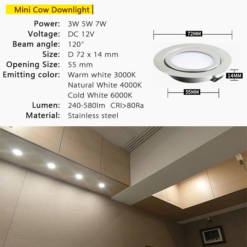 IP65 Spotlight 3W 5W 7W DC 12V Stainless Steel 304 LED Safety Voltage ultra-thin Home Kitchen Dining Spot Lighting 14mm Slim