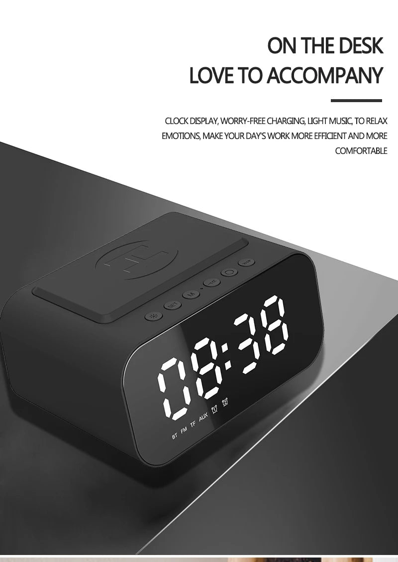 Digital Alarm Clock Bluetooth Speaker FM Radio Wireless Charger Phone Charging Pad  USB Fast Charger Table Clock