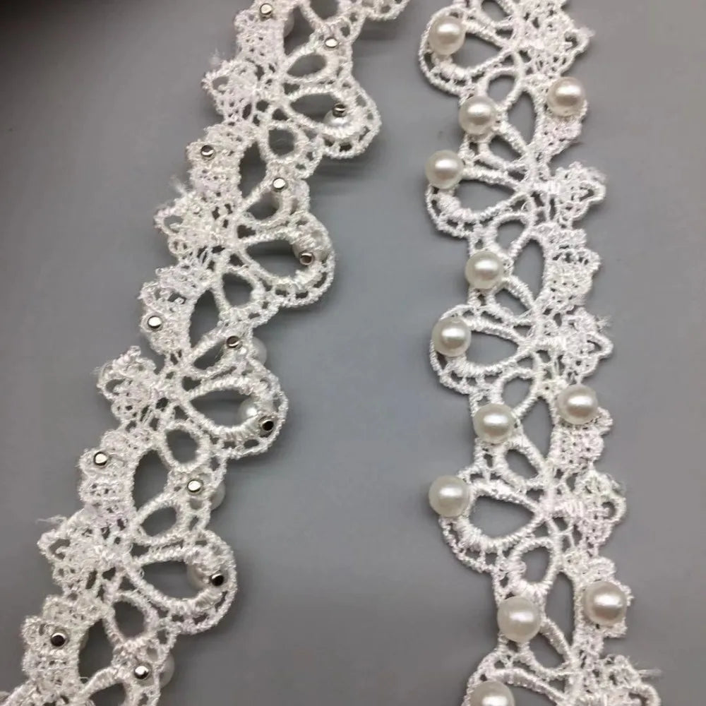 1 Yards White Pink and Grey Pearl Beaded Lace Trim Tape Lace Ribbon African Lace Fabric Collar Dress Sewing Garment Headdress Ma