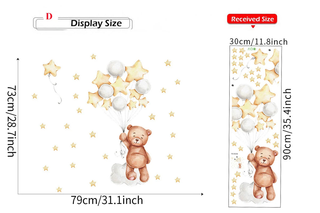 Cute Bear Moon Star Wall Stickers for Kids Rooms Girls Boys Baby Room Decoration Kawaii Cartoon Animal Nursery Wallpaper Vinyl