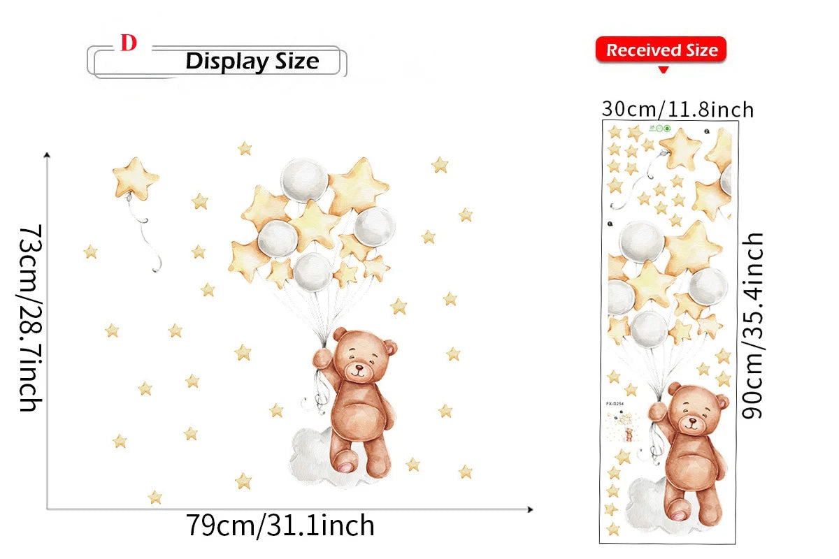 Cute Bear Moon Star Wall Stickers for Kids Rooms Girls Boys Baby Room Decoration Kawaii Cartoon Animal Nursery Wallpaper Vinyl