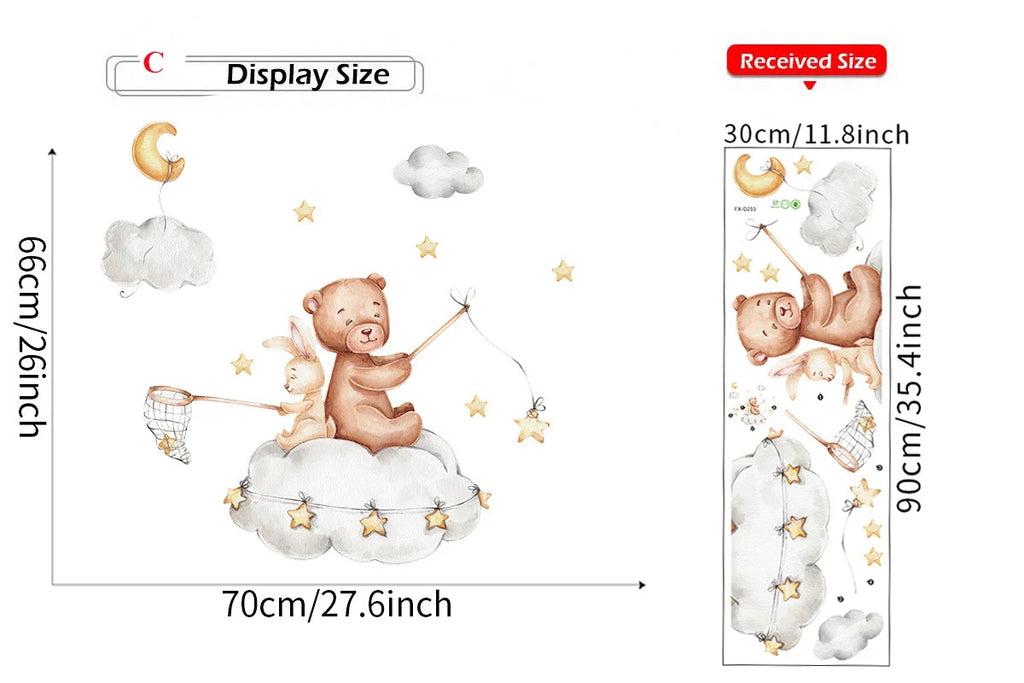 Cute Bear Moon Star Wall Stickers for Kids Rooms Girls Boys Baby Room Decoration Kawaii Cartoon Animal Nursery Wallpaper Vinyl