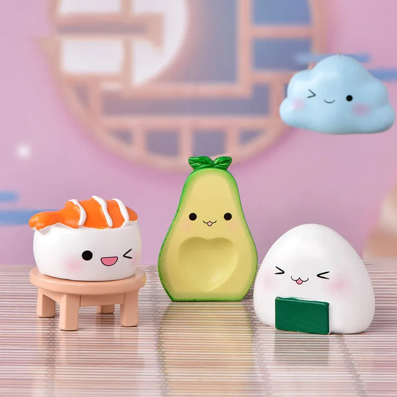 Cute Simulation Avocado Peach Sushi Egg Figurine Resin Cartoon Model Home Decor DIY Miniature Fairy Garden Cake Accessories